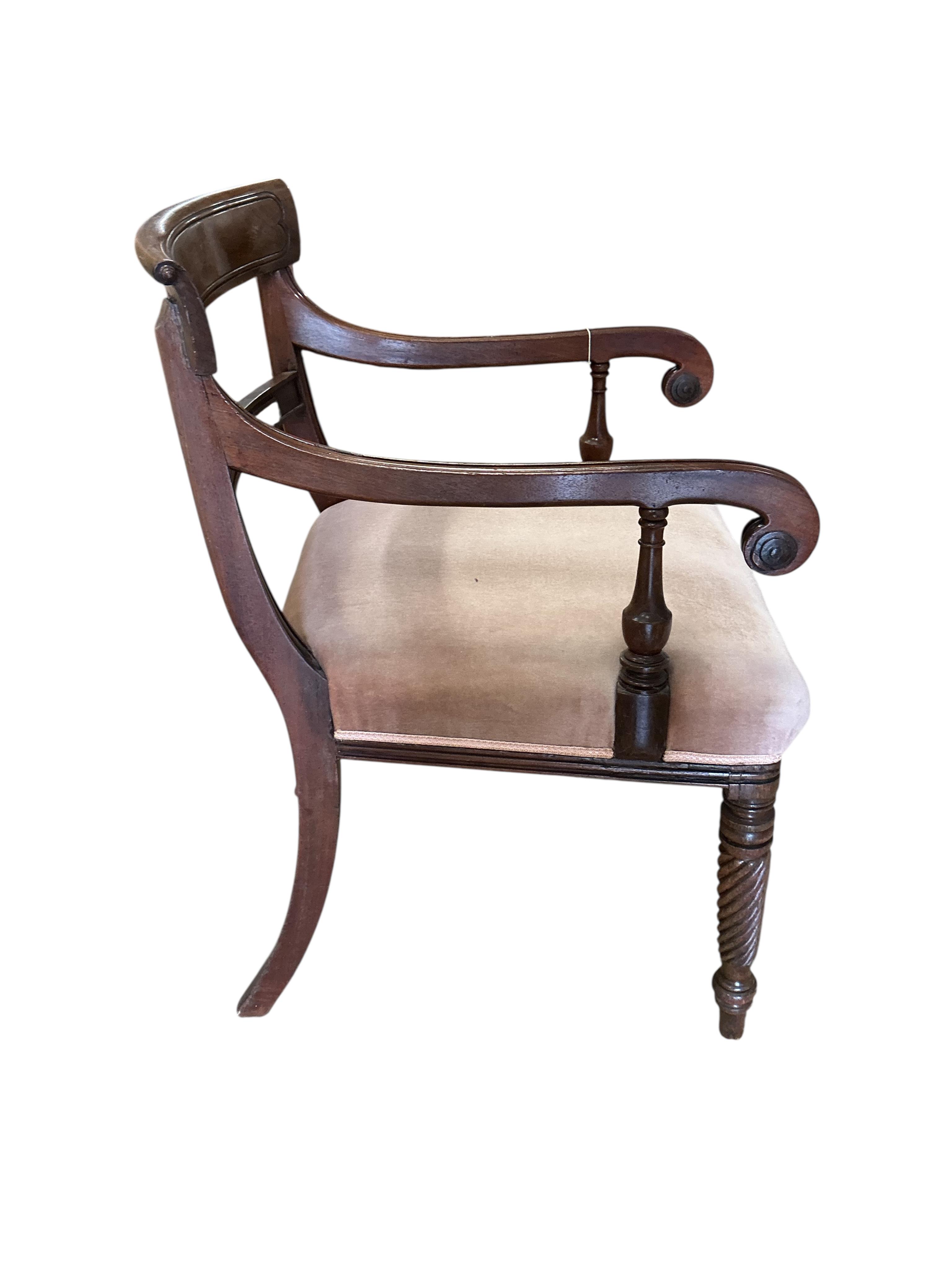 A Regency mahogany elbow chair, width 56cm, depth 50cm, height 88cm